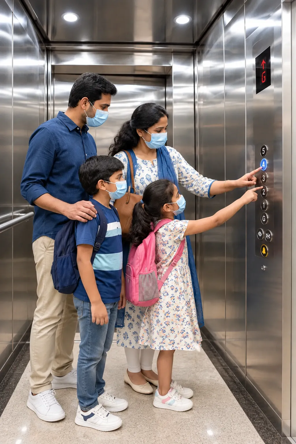 Family using a modern elevator
