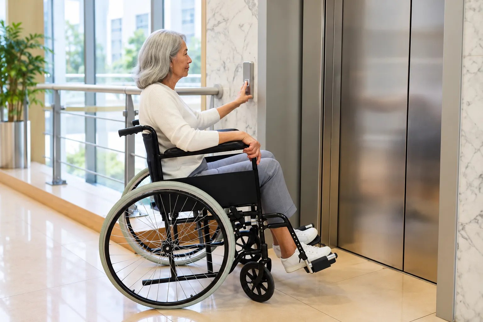 Wheelchair user accessing an elevator